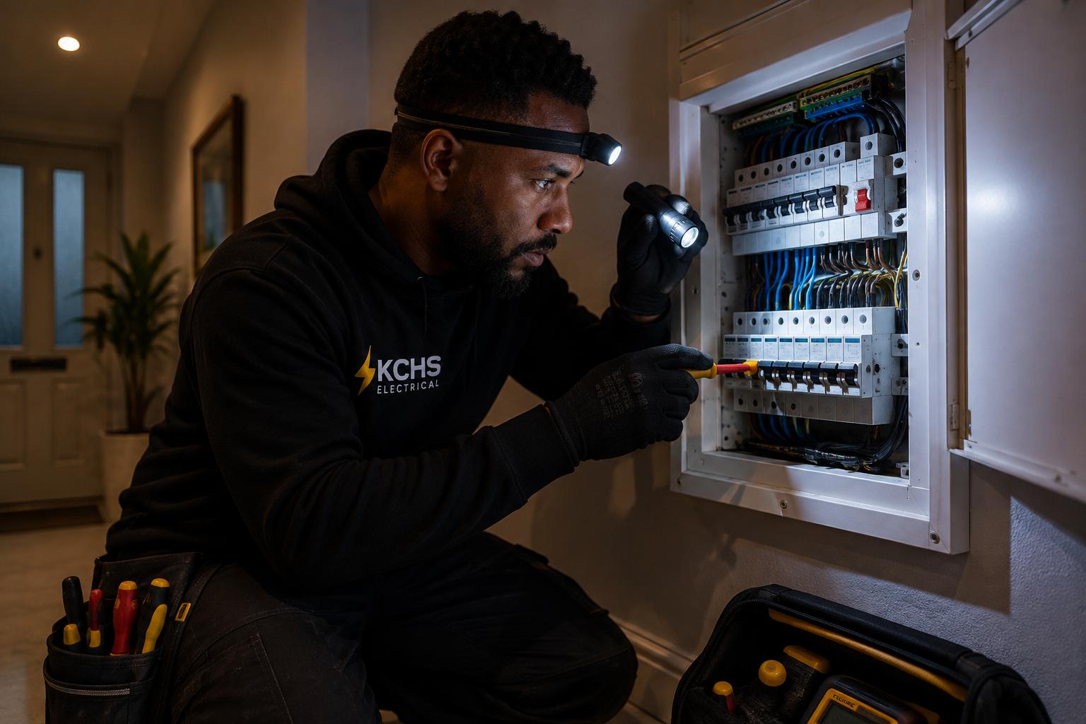 KCHS Electrician inspects consumer unit with headlamp and torch