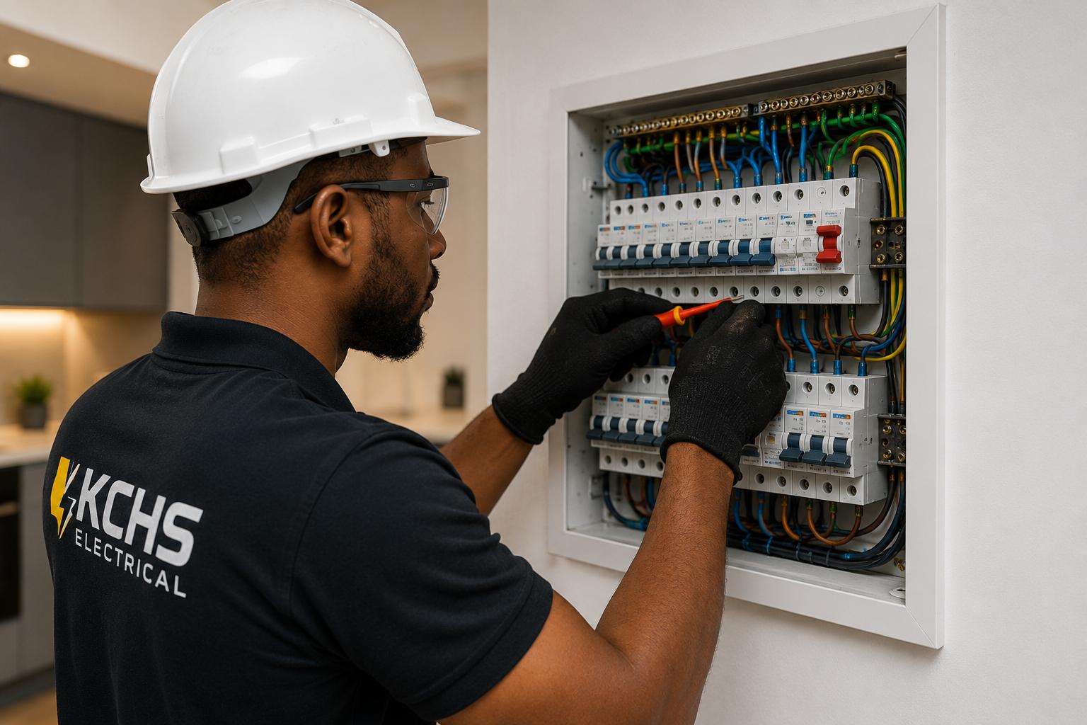 Qualified electrician servicing distribution consumer board with hard hat